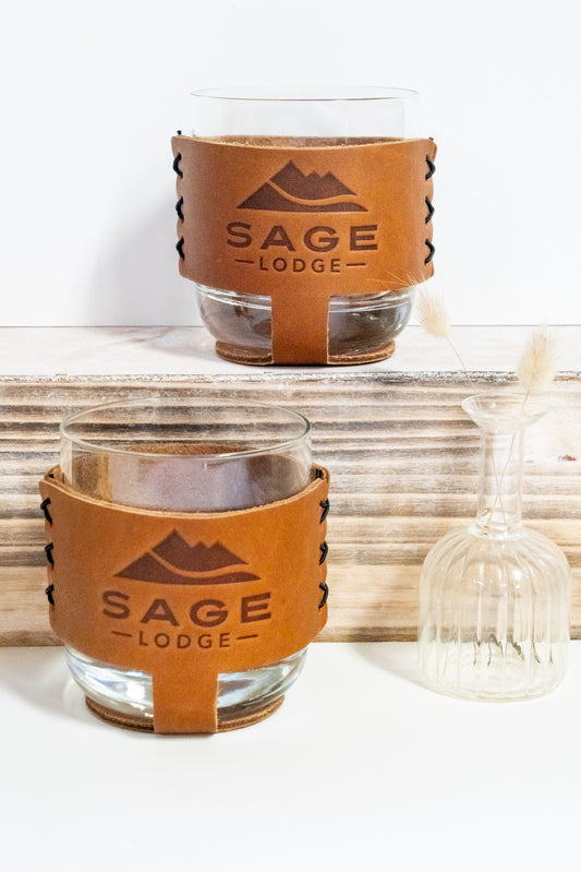 Sage Lodge Leather Sleeve Rocks Glasses